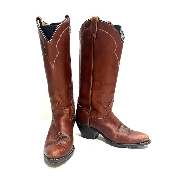 Vintage 1970s men’s brown leather pull on heeled cowboy boots - Picture 4 of 9